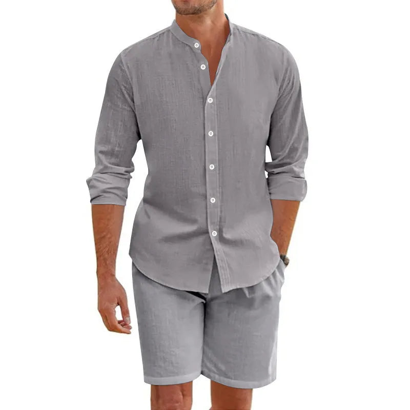 Men's dark grey hemp linen blend summer short suit with lapel shirt and drawstring shorts on a hanger.