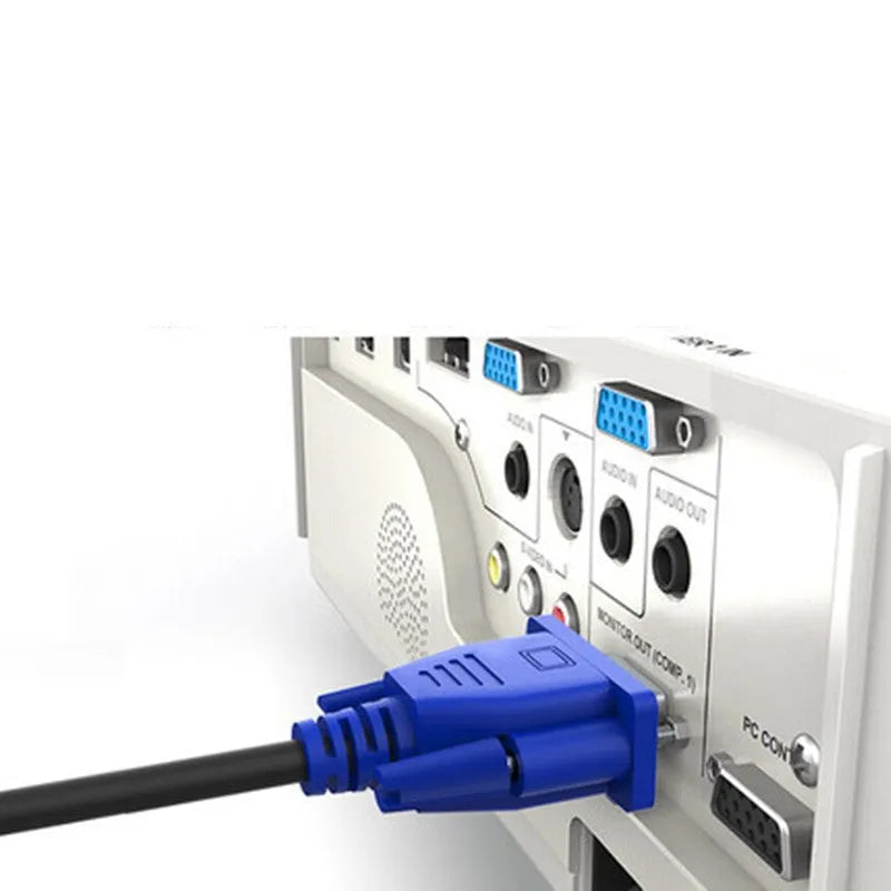 Black VGA cable with blue connectors and nickel-plated terminals measuring 1.5 metres for computer to monitor connection