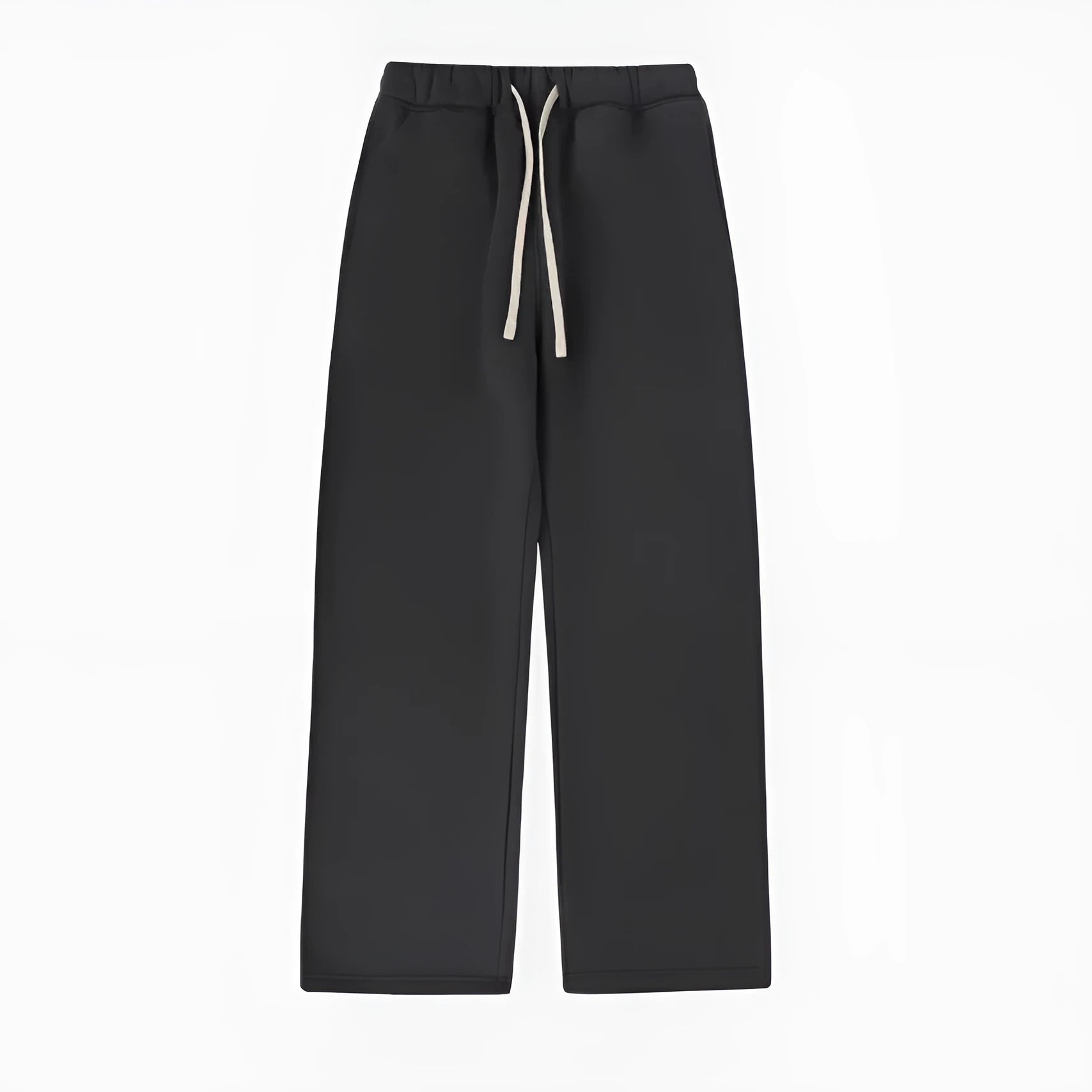 Men's black loose-fit fleece-lined sweatpants with an elastic drawstring waistband laid flat.