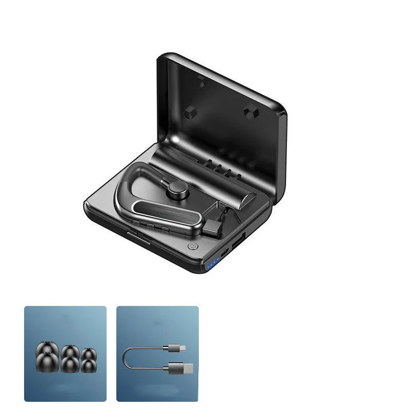 Black Bluetooth earphones with hanging ear design, shown with a charging case and spare ear caps.