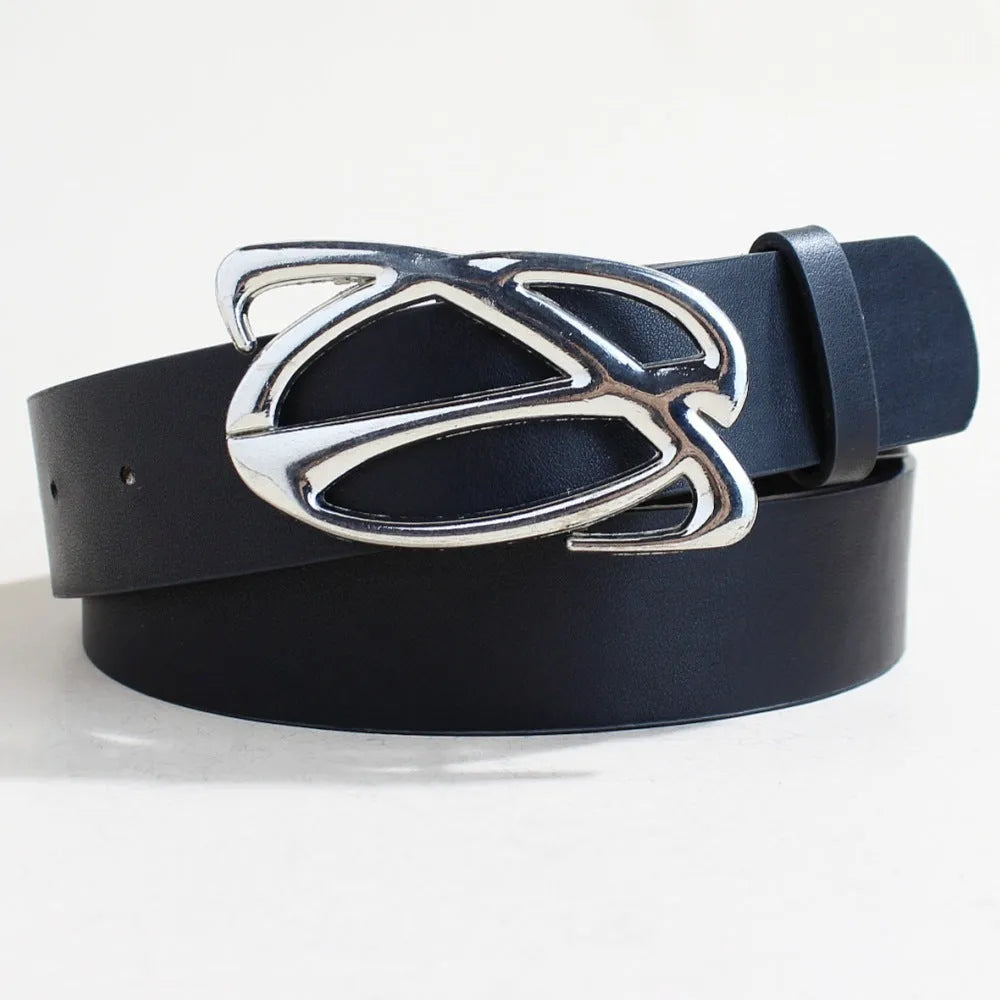 Silver buckle on a brown PU leather snap button belt laid flat showing its length.
