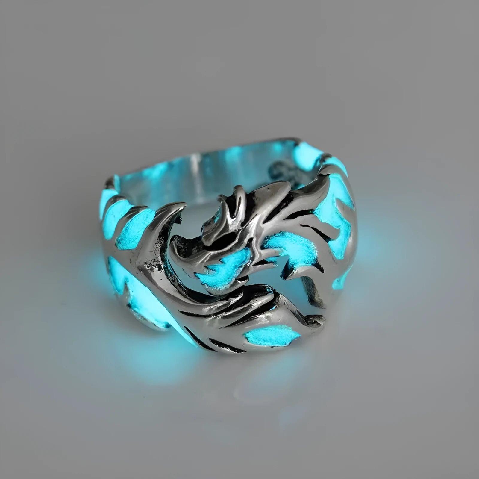 Adjustable Chinese dragon pattern ring with antiqued silver blue and green electroplated finish
