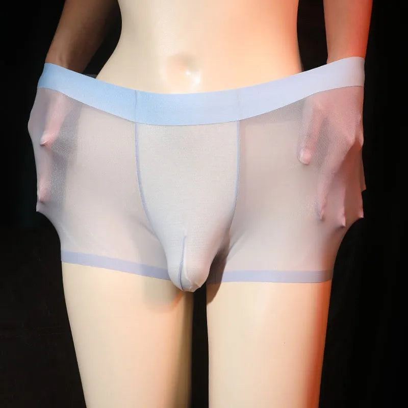 Men's ultra-thin transparent ice silk boxer underwear in light grey colour showing lightweight fabric texture
