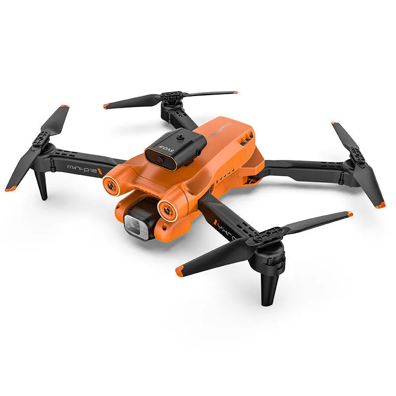 Black foldable quadcopter drone with four propellers and an underside HD camera