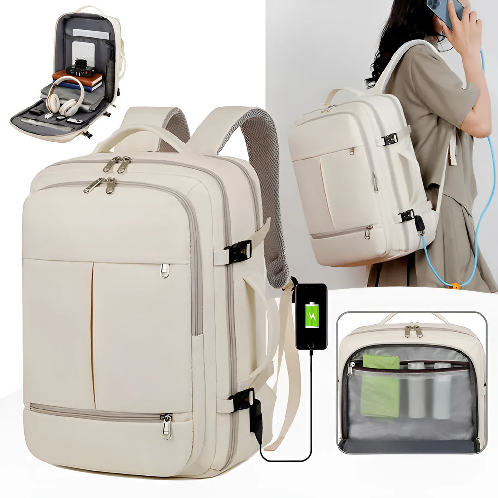 Waterproof Oxford cloth backpack in multiple colours showing laptop compartment and multiple pockets