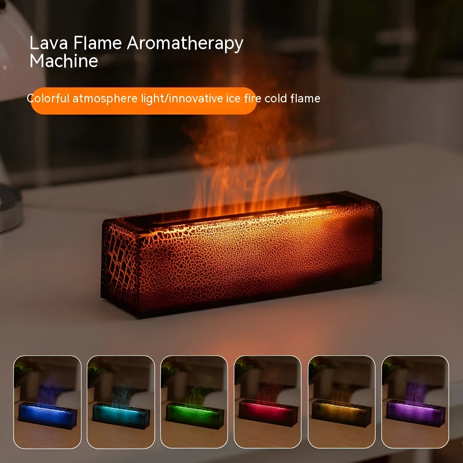 Square black and white USB lava flame aroma diffuser humidifier on a desktop