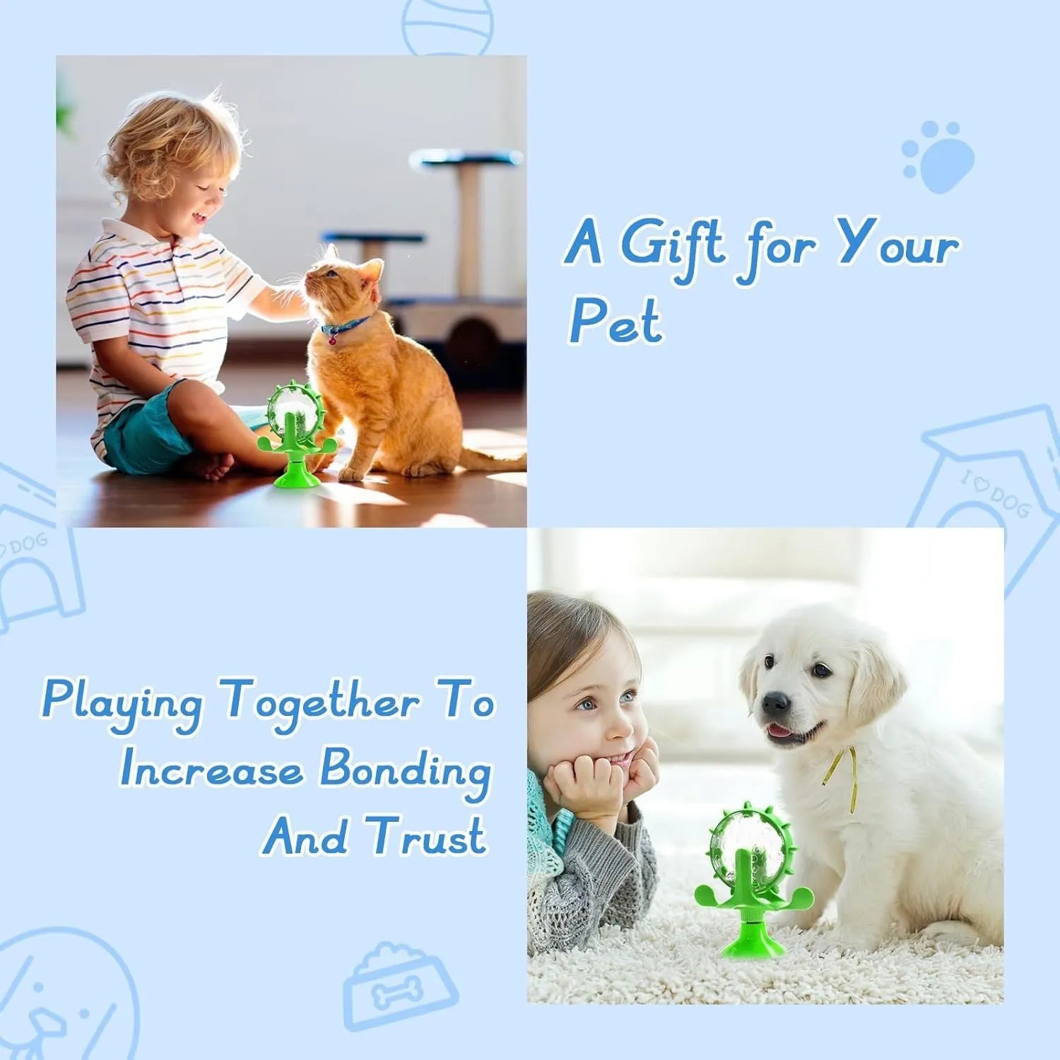 Interactive pet spinner feeder toy in blue green red yellow colours with floor sucker for cats and small dogs