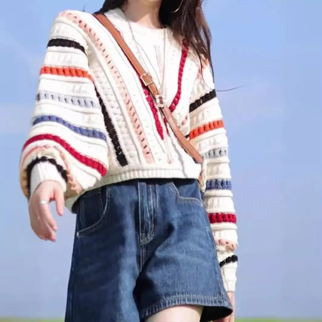 Rainbow striped loose fit sweater with batwing sleeves and round neck