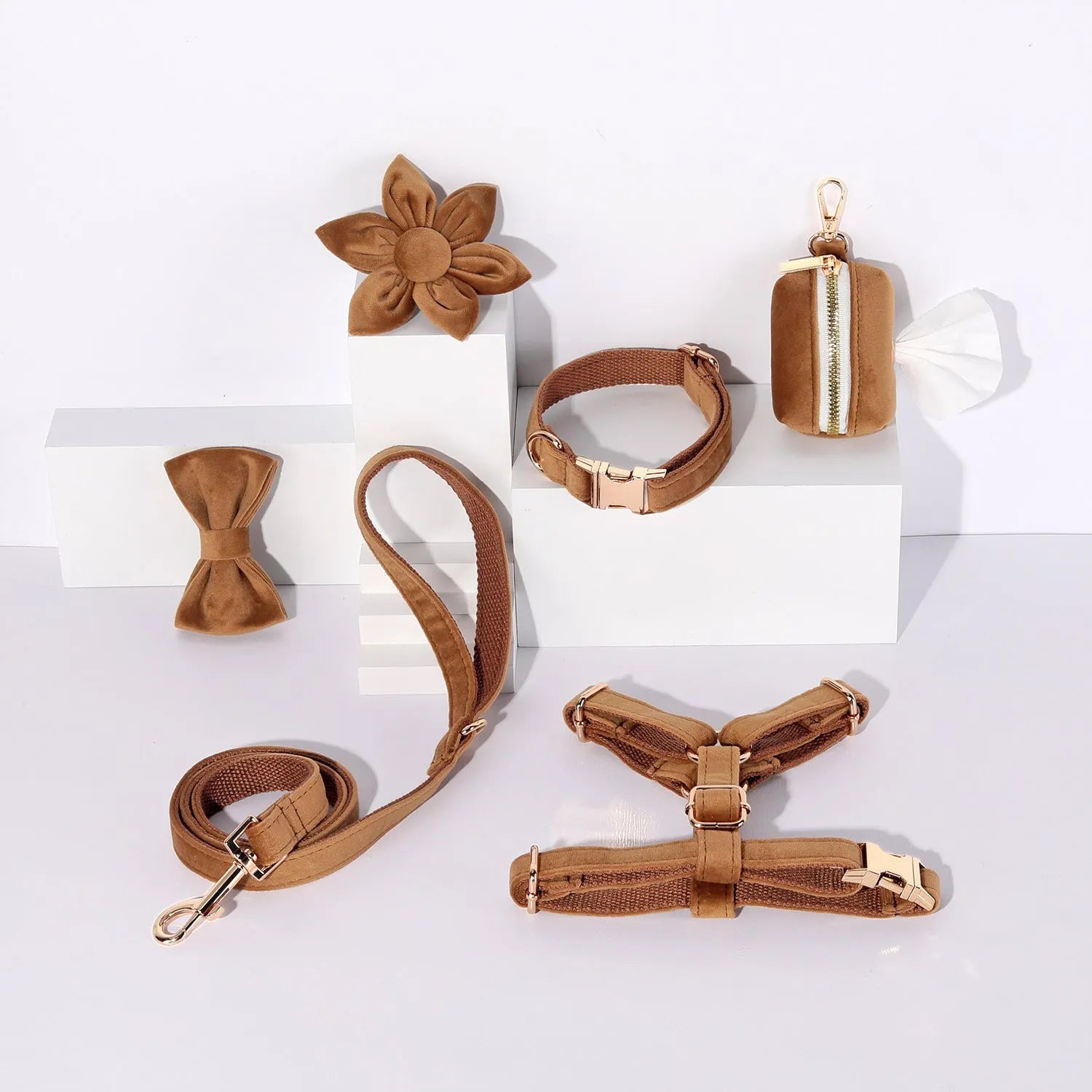 Classic velvet pet collar and traction rope set with chest strap, bow tie, flower, and toilet bag in multiple colour options.