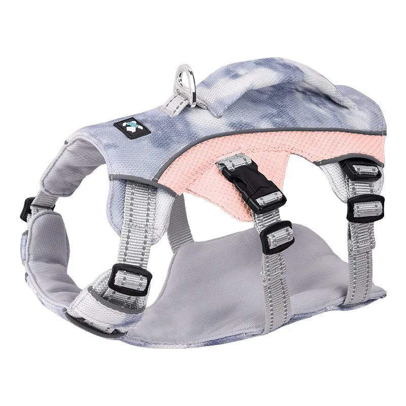 Reflective pet cooling chest strap harness in light blue, pink, dark blue, or orange colours