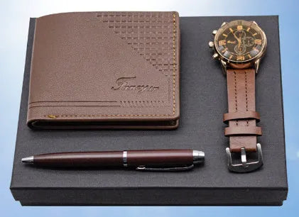 Business gift set containing wallet, pen and watch in modern simple style gift box
