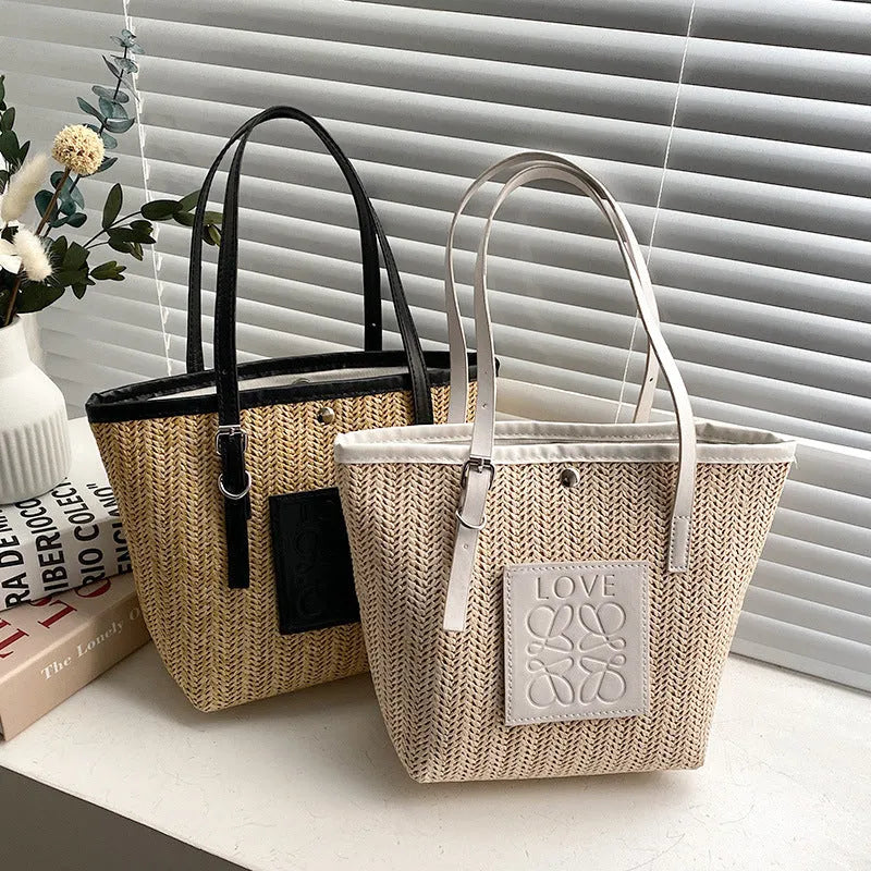 White and black straw woven women's shoulder bag with retro styling and large capacity dimensions