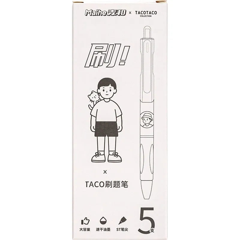 Five plastic ballpoint pens with 0.5mm tips and black ink for student writing