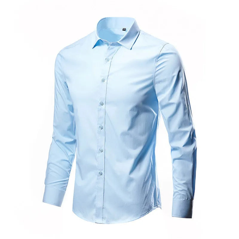 Men's long-sleeve linen shirt in a slim, loose fit on a hanger