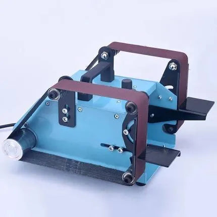 Blue desktop dual-axis belt sander with two sanding heads for knife sharpening