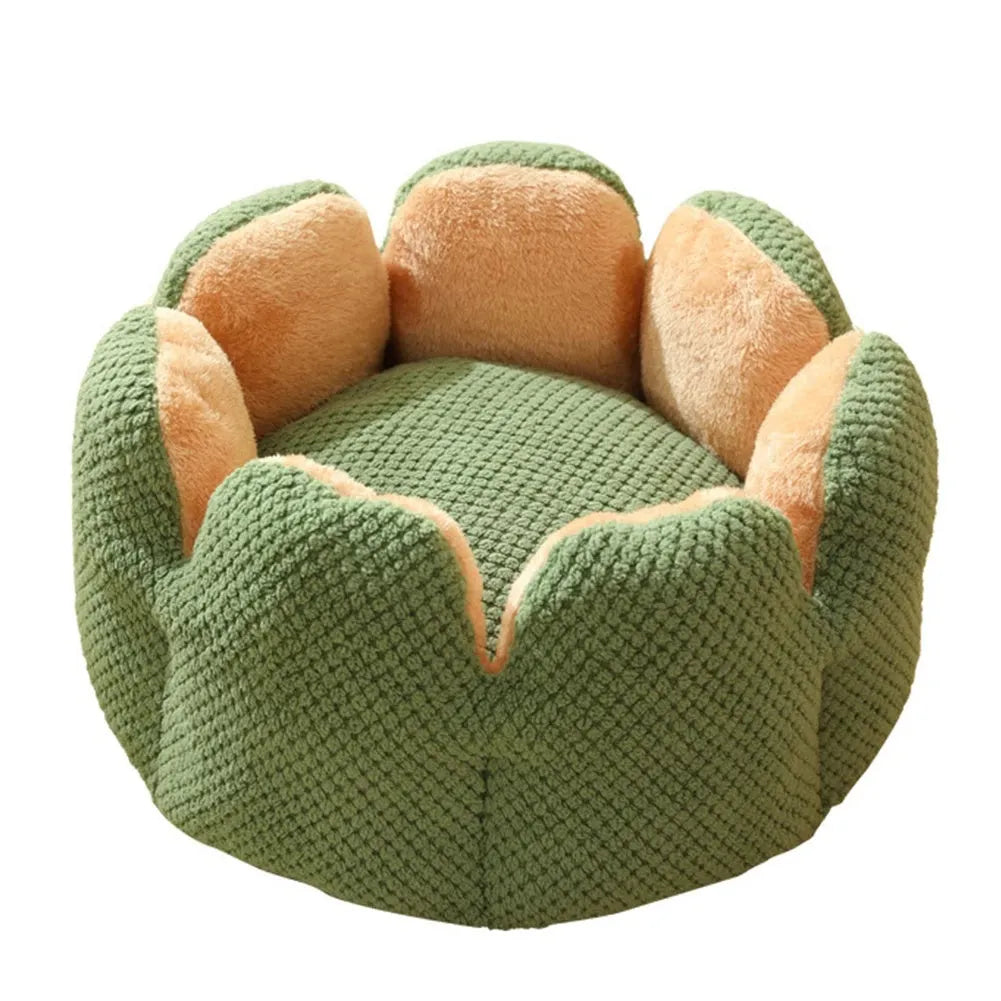 Green cactus-shaped enclosed pet kennel with soft plush interior, shown on a hardwood floor.