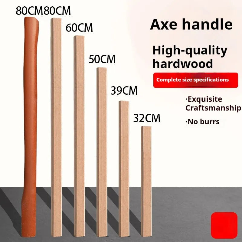 Selection of locust wood tool handles including log axe, hoof hoe, and log sickle handles in various lengths on a workbench.