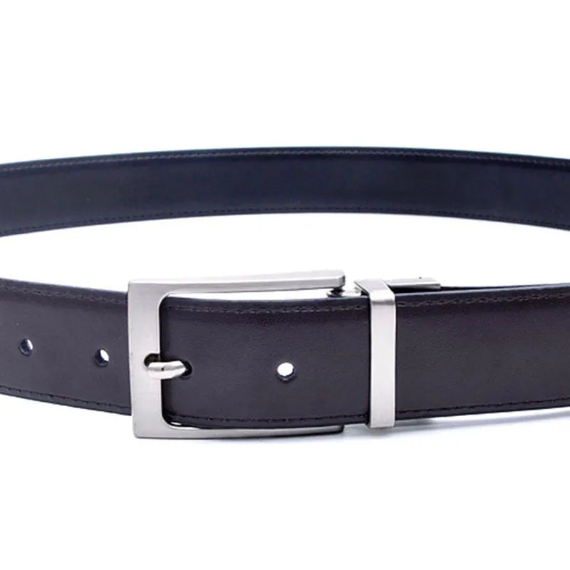Men's dark brown and black genuine leather belt with a rotating alloy pin buckle.