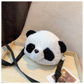 Plush cylindrical crossbody bag with panda head design measuring 18cm