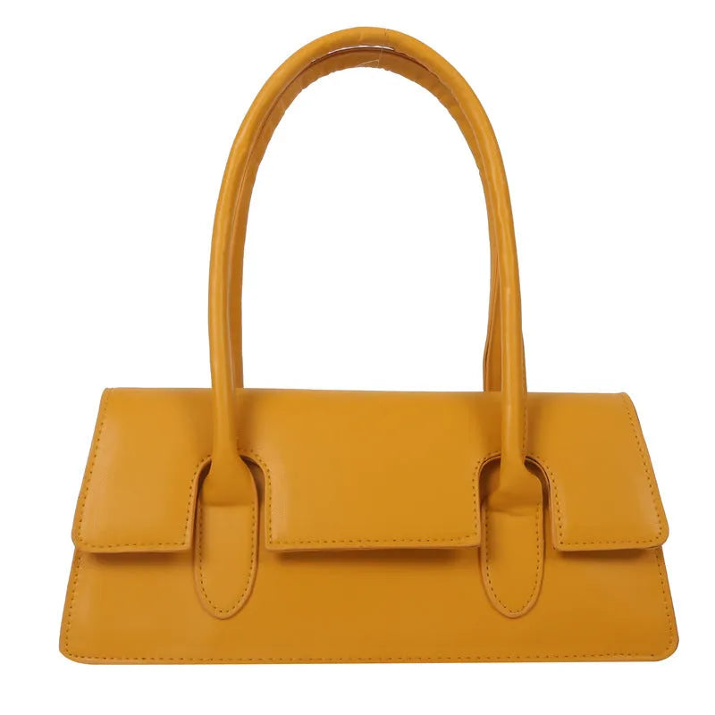 Women's small square shoulder bag in PU material showing stitching details and horizontal shape