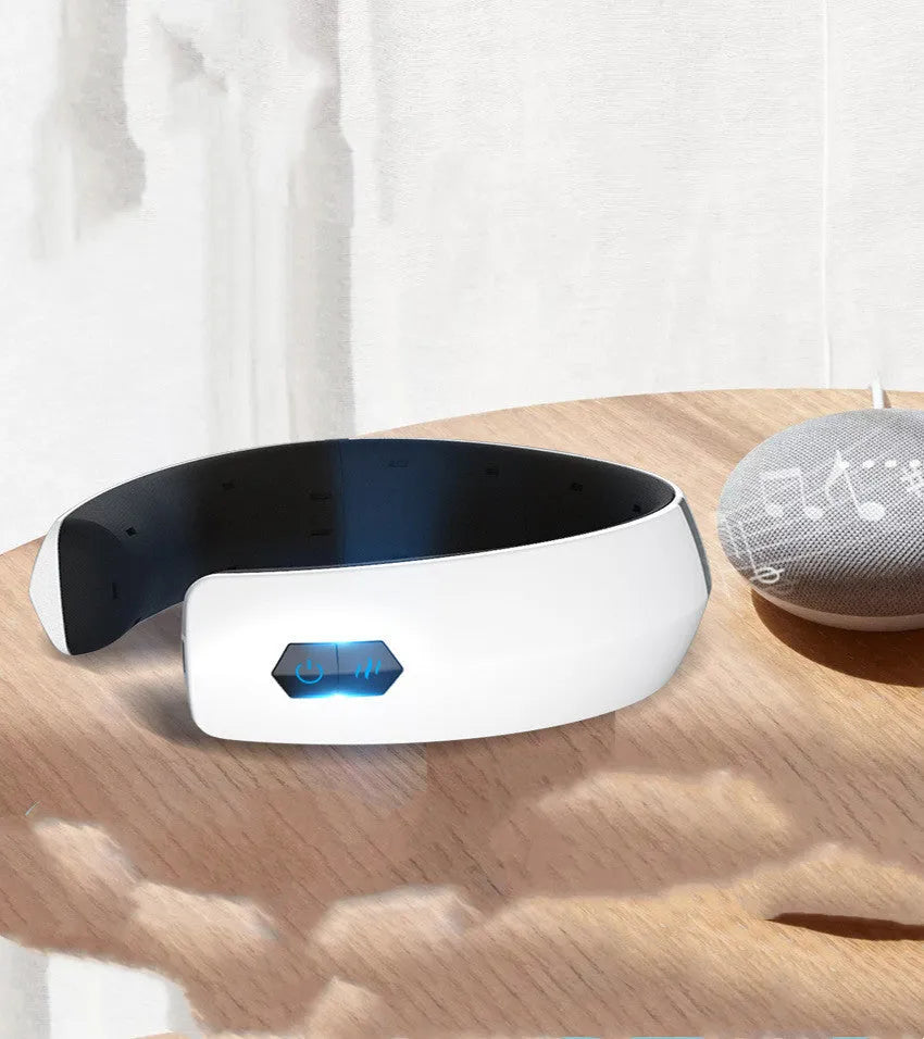 White eye and cervical spine massager with suede material and USB cable, featuring hot compress and vibration functions