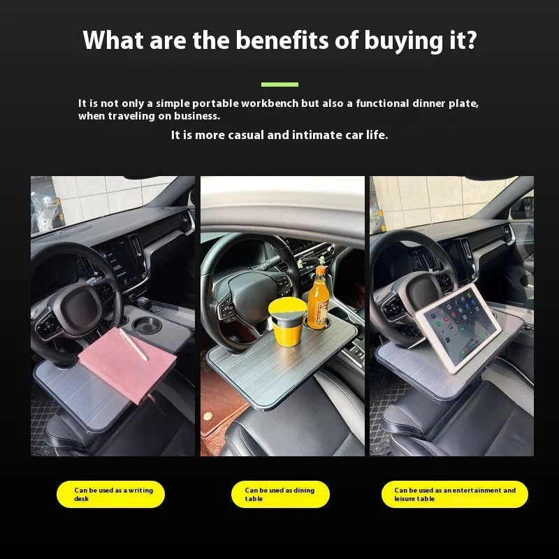 Black ABS car steering wheel tray holding a laptop, with a foldable drink cup holder attached.