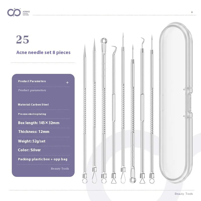 Four silver metal acne needles with pointed tips laid out on a surface.