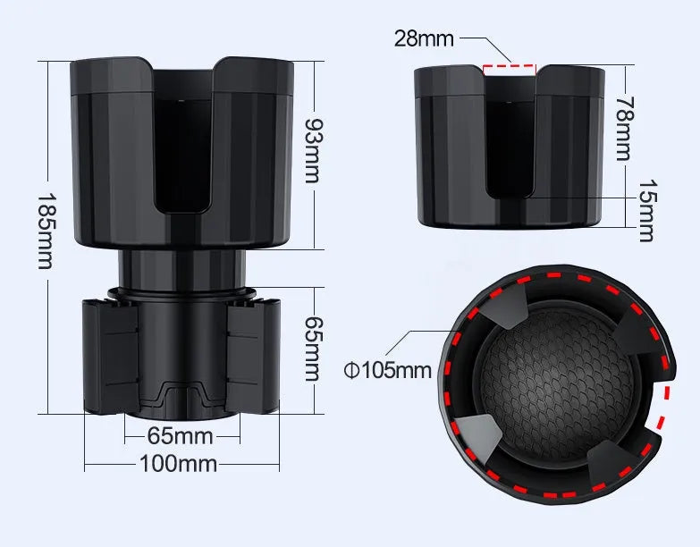 Matte black adjustable car cup holder expander for large bottles and drinks.