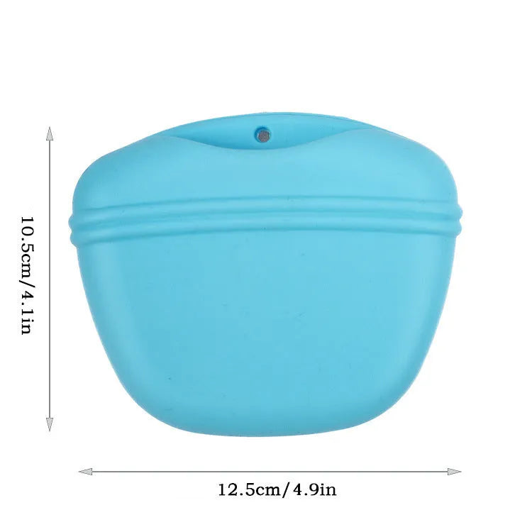 A silicone dog training treat bag with a belt clip, shown in one of six colour options.