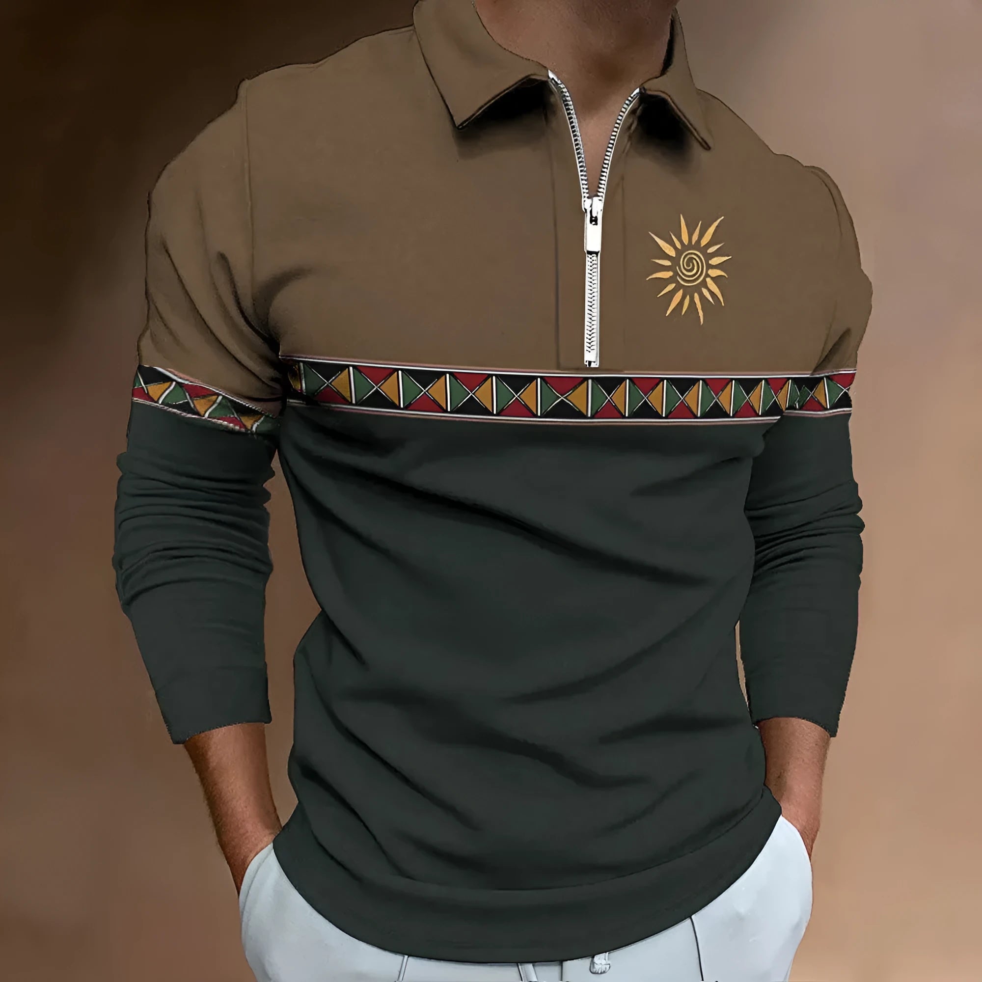 Men's loose fit long sleeve t-shirt with retro colour printing and striped pattern