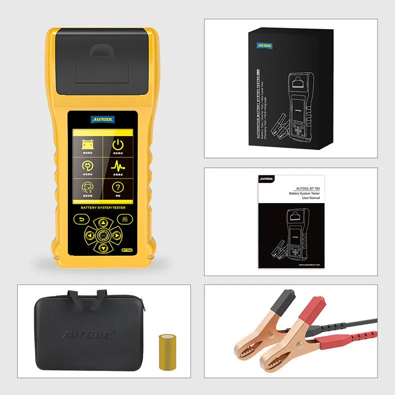 Autool BT760 colour screen vehicle battery tester with red and black clips and printed diagnostic receipt.