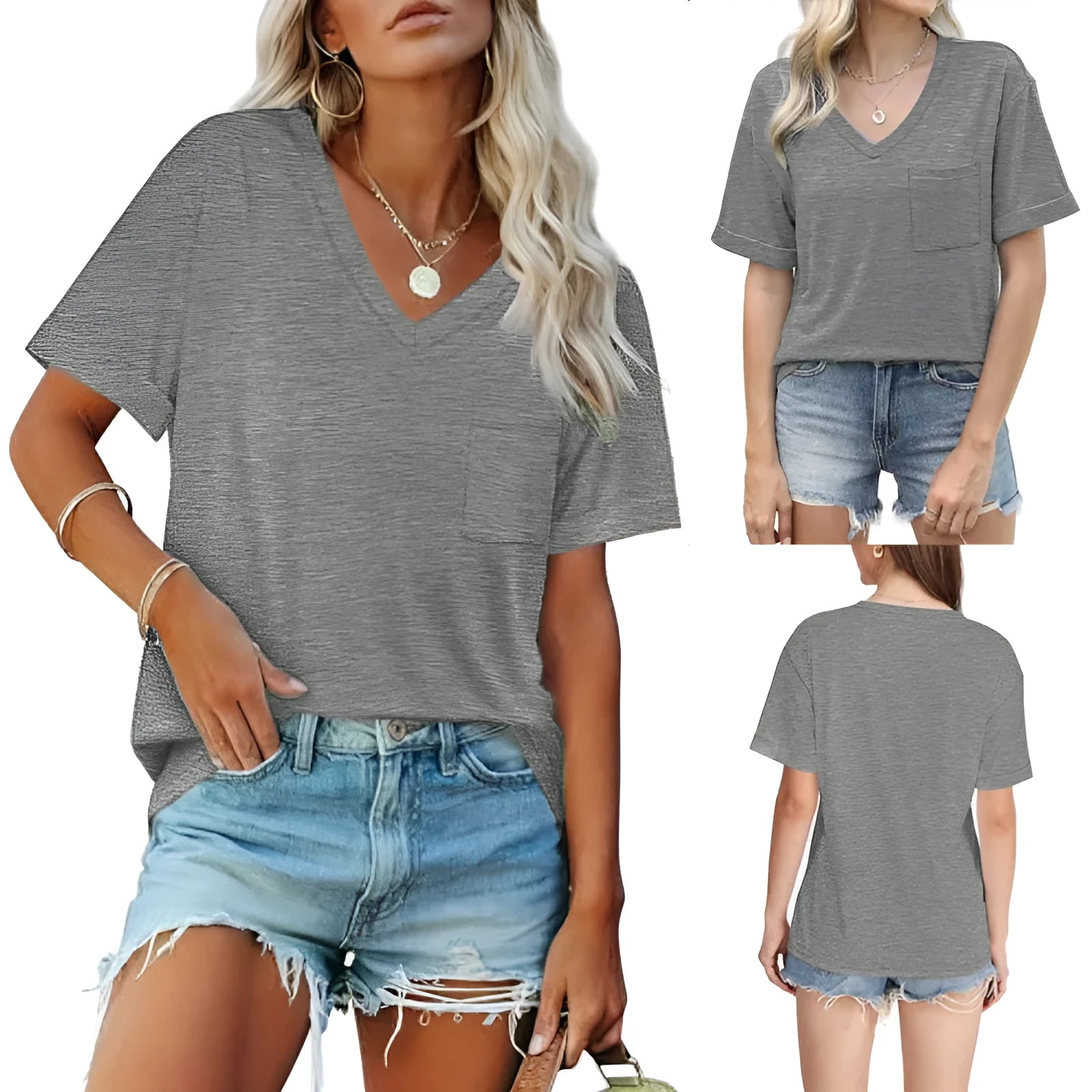 Grey loose V-neck short sleeve T-shirt with chest pocket in Japanese Korean casual style