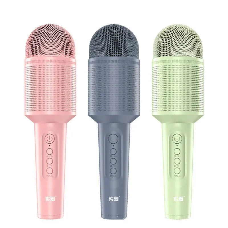 Wireless Bluetooth karaoke microphone in pink, blue, or green colour options.