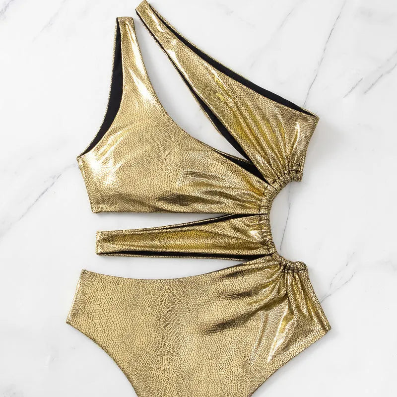 Gold C3177 women's one-piece swimsuit with backless design shown in S, M, L sizes