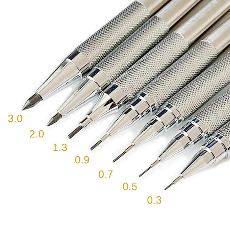 Metal automatic mechanical pencil showing five available lead diameter options from 0.5mm to 2.0mm