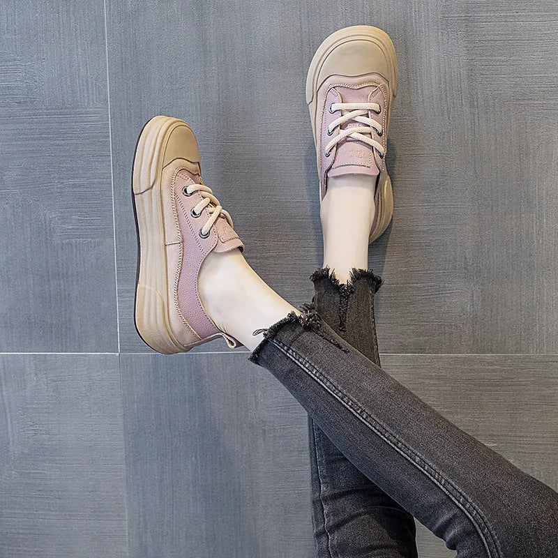Women's matcha green leather platform sneakers with round toe and lace-up front
