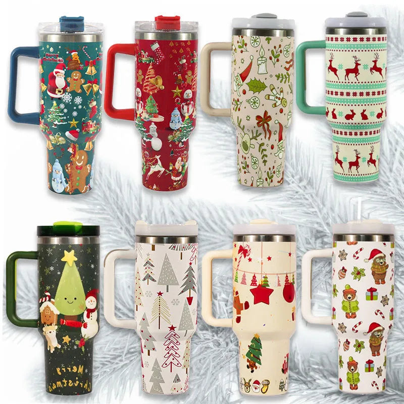 Christmas pattern stainless steel vacuum tumbler 1200 ml with lid, straw and handle on white background