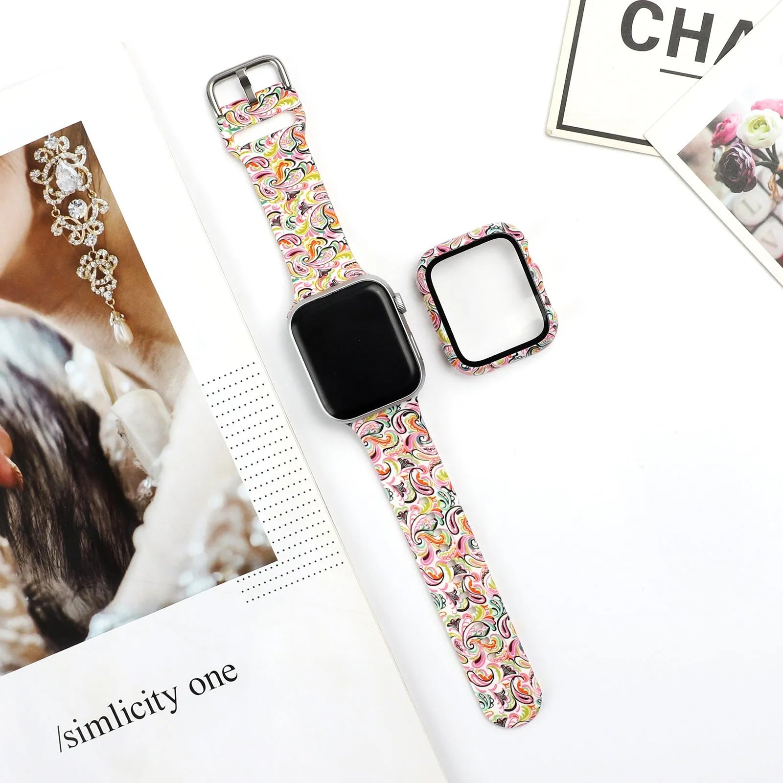 Printed silicone Apple Watch compatible strap shown in multiple design styles for 38mm 40mm 42mm 44mm cases.