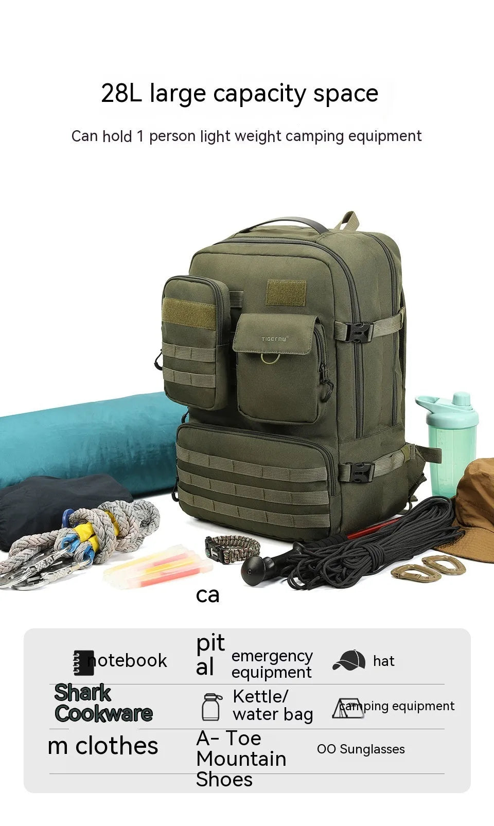 Army Green tactical backpack with waterproof nylon construction showing 17-inch height and organisational compartments