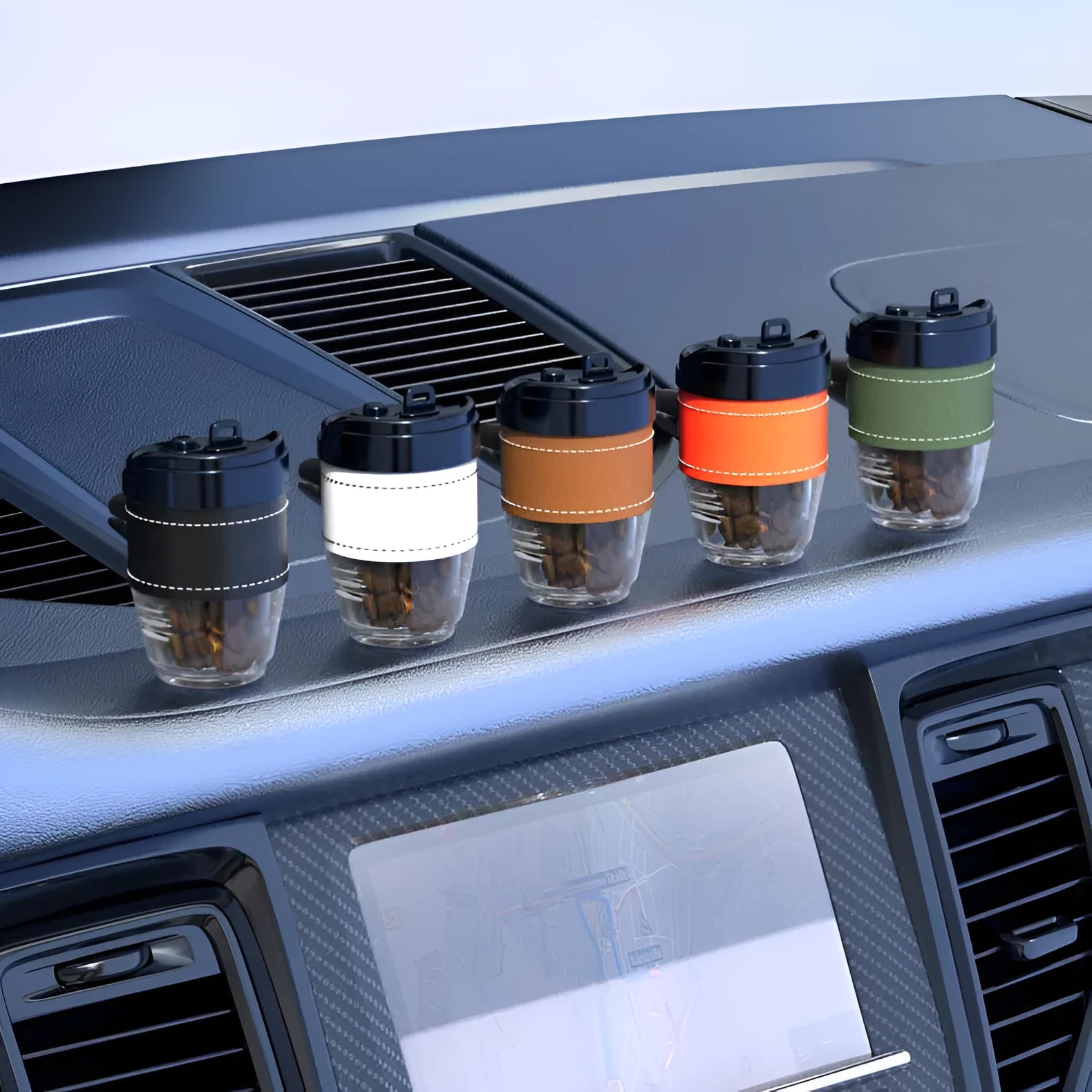 Car perfume air freshener shaped like a coffee cup with coffee beans fragrance in choice of five colours