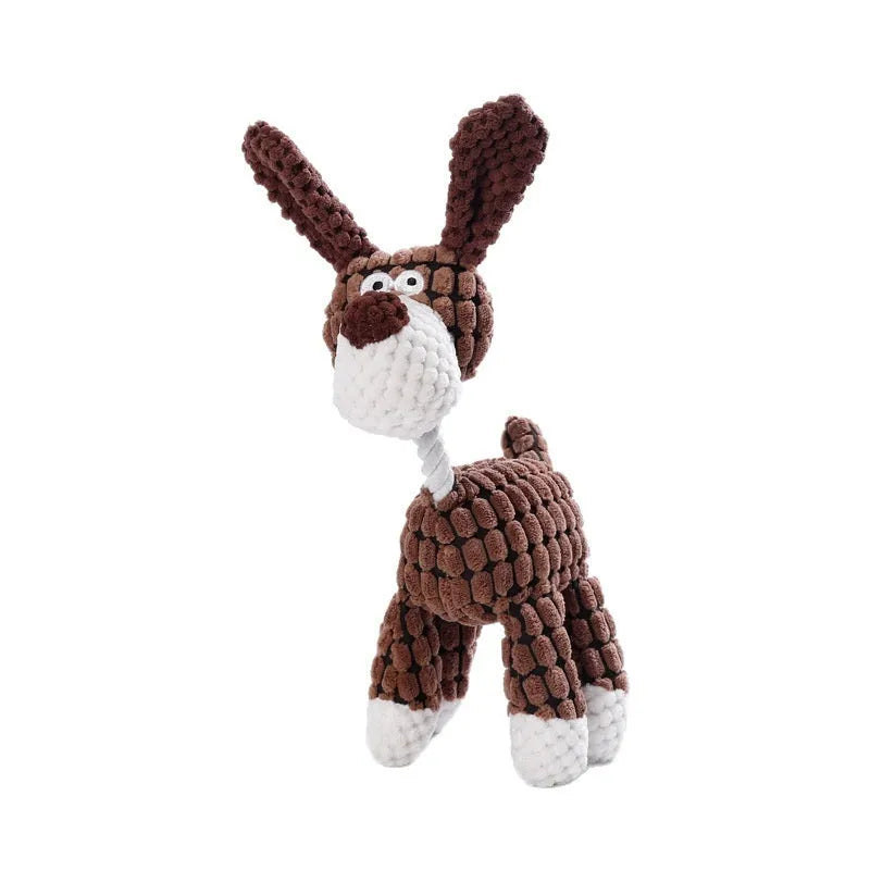 A selection of plush puppy chew toys showing different character styles including a donkey, a rechargeable duck, a blue elephant, a dizzy dog, and a blink elephant.