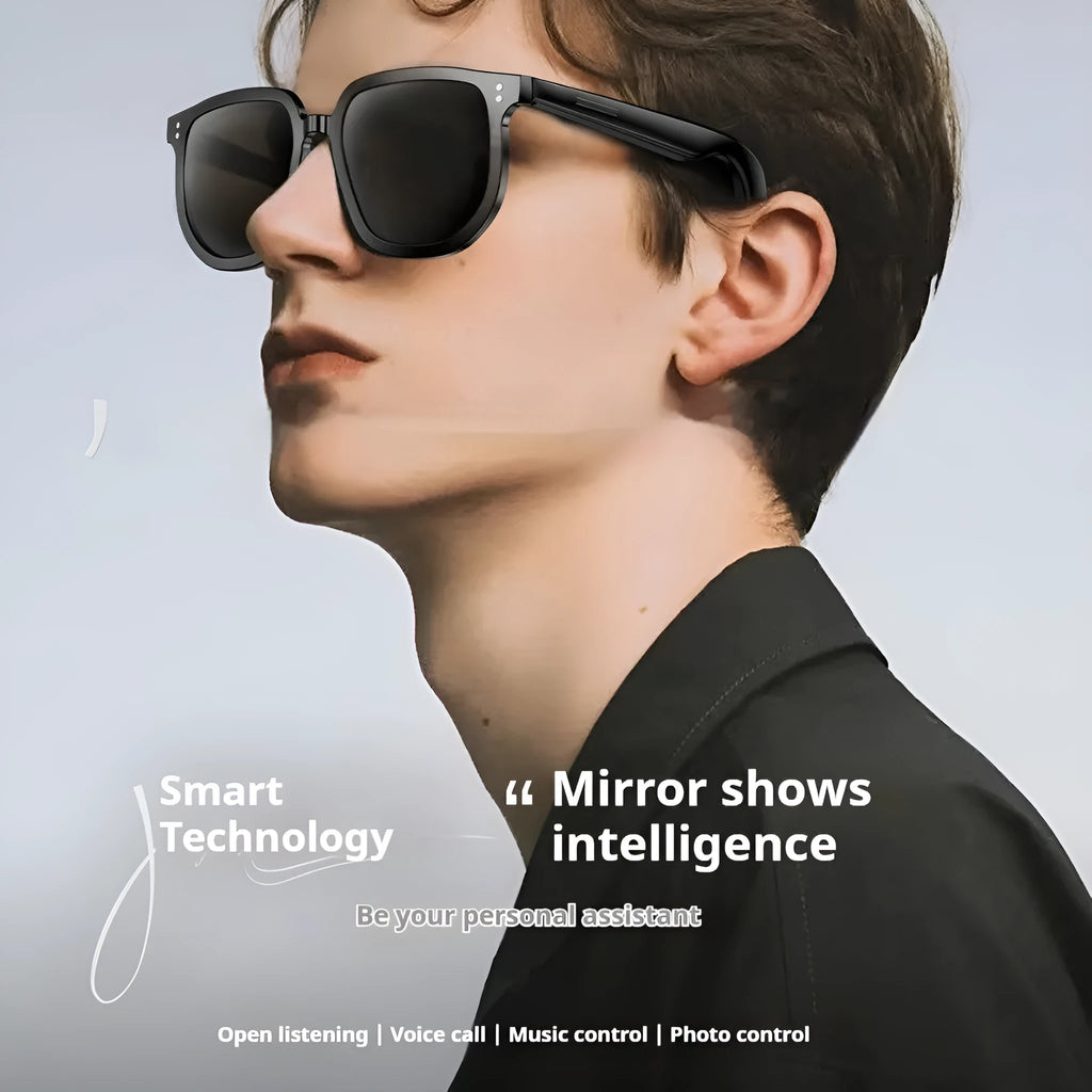 Black AI smart sunglasses with Bluetooth audio and touch controls on the frame.