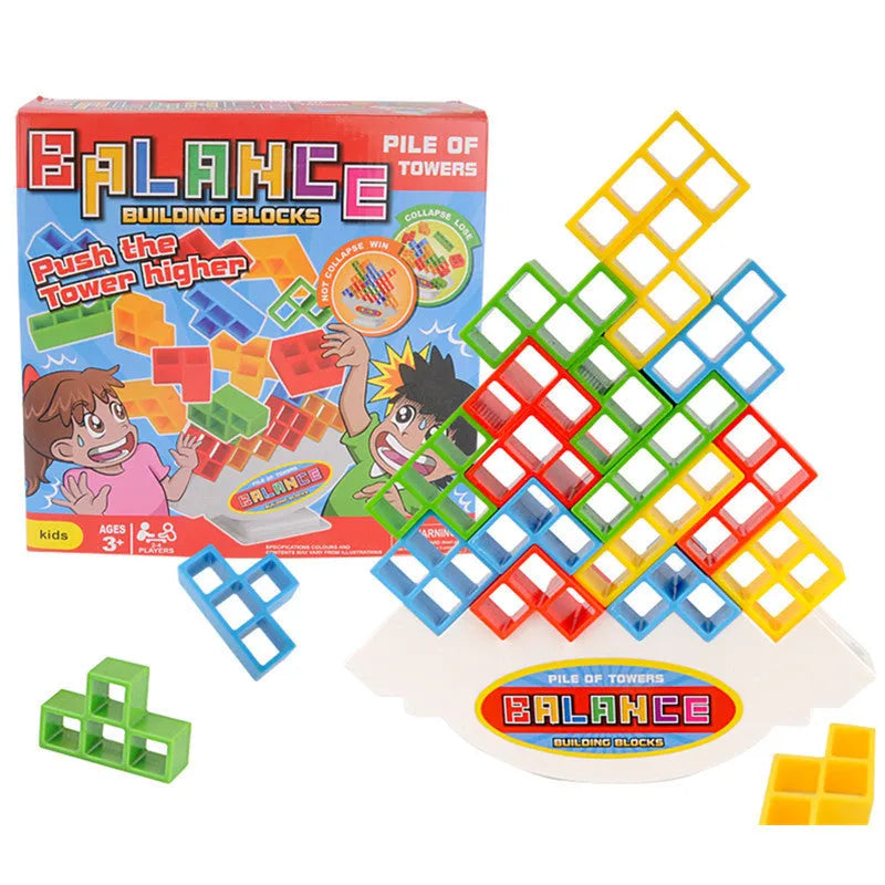 Plastic balance stacking board game with 16 colourful building blocks, a chassis, and a base on a flat surface.