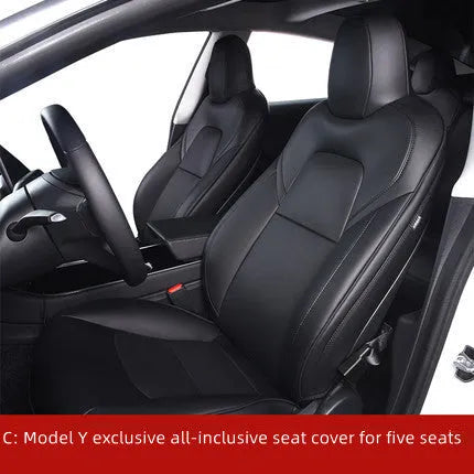 Tesla Model 3 and Model Y dedicated car seat cover in black or white, showing PVC chloroprene material.