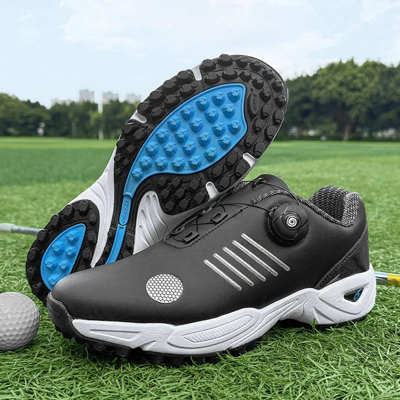 Men's rotating shoelace golf shoes, low-top design, black color, rubber sole, breathable mesh upper