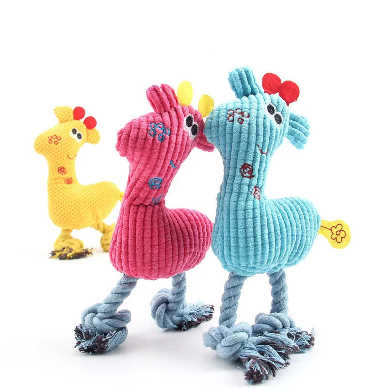 Blue deer-shaped plush dog toy with corn grain texture fabric and a squeaker inside.