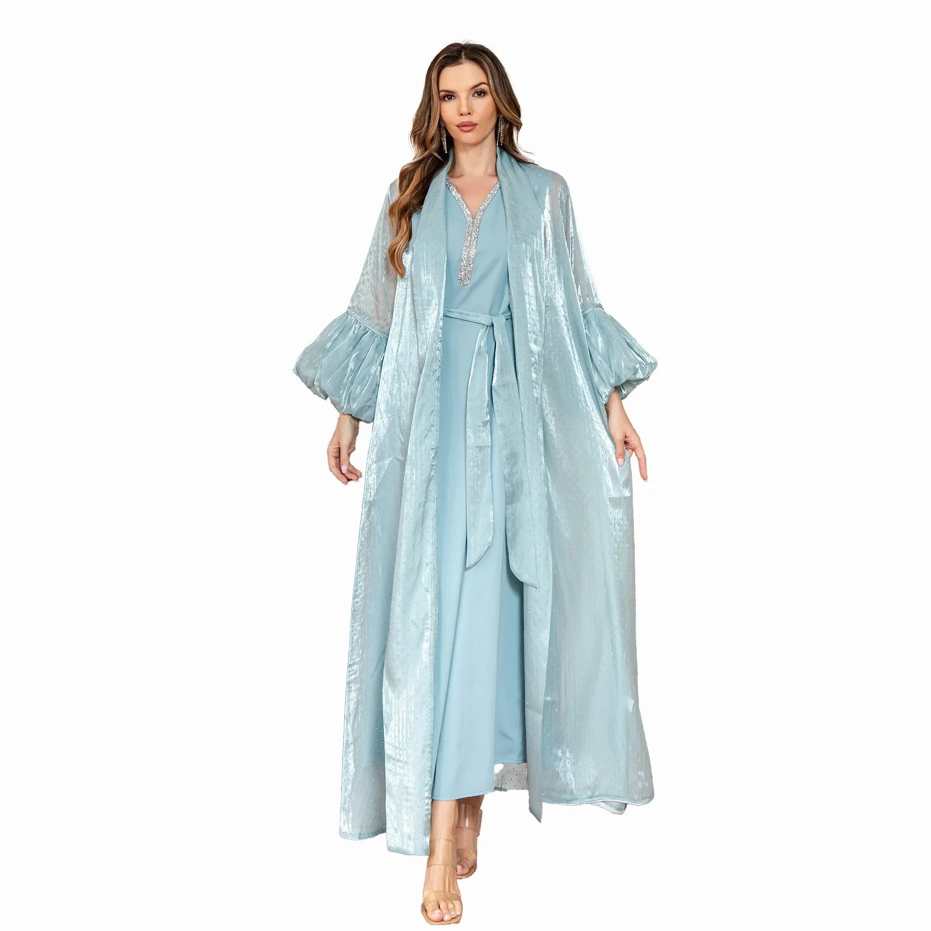 Arabic style two-piece set dress with rhinestone detailing in blue colour, showing long sleeves and long skirt