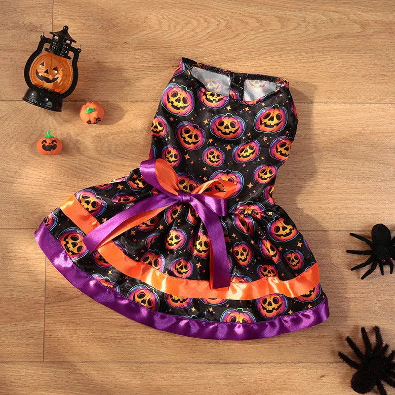 Halloween dog skirt with colourful pumpkin print, shown in size M on a mannequin.