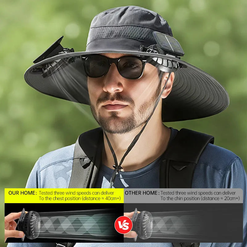 Men's beige solar-powered fan hat with cooling fan visible on the brim, for outdoor use.