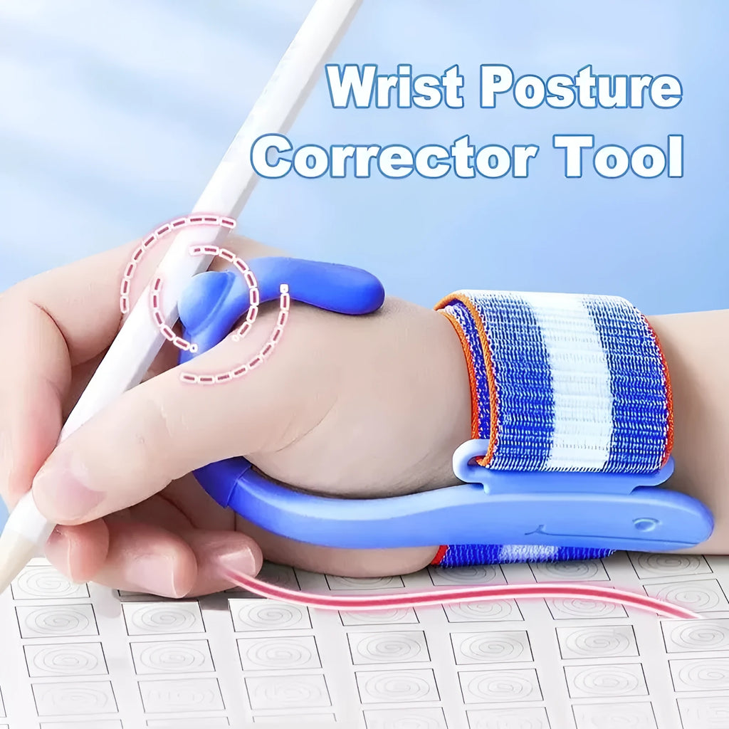 Anti-hook wrist brace pen control corrector for children's handwriting training in blue colour